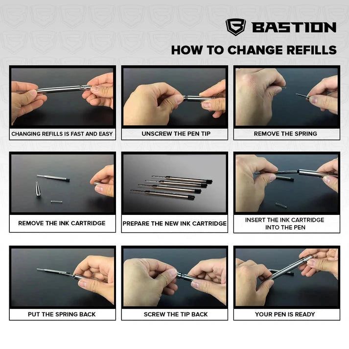 How to change refills: unscrew the tip, remove the spring and old cartridge, insert the new cartridge, put the spring back, screw the tip back on